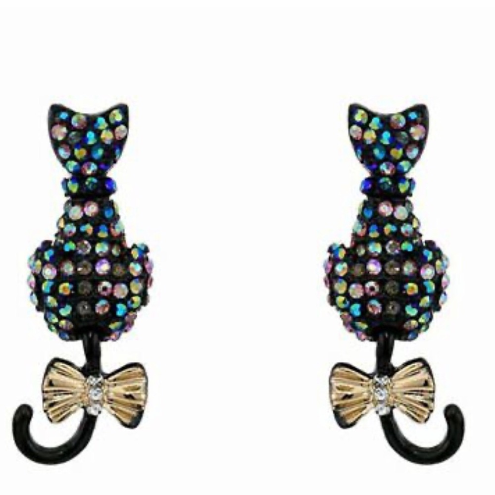 Betsy Johnson Black Cat Dangle Earrings Pave Rhinestones Moveable NWT